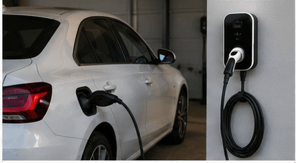 How home EV charging works — car plugged into wall charger in garage