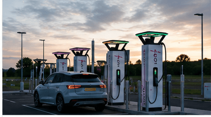 AC vs DC charging — public DC fast chargers at sunset