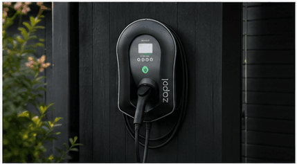 Tethered EV wall charger mounted outdoors with permanent cable