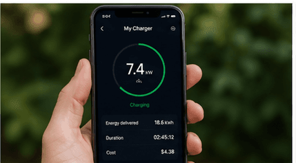 Smart EV charger app showing 7.4kW charging on a smartphone