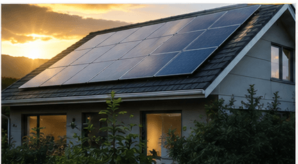 Rooftop solar panels on a home at sunset for EV charging