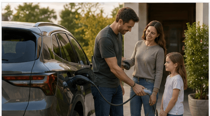 Family charging their EV at home in the driveway